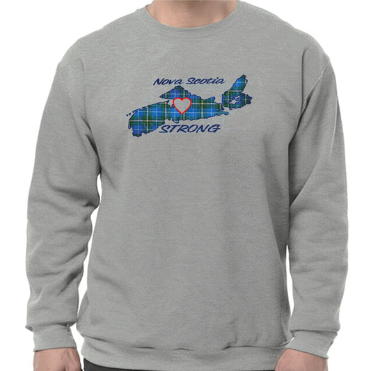 Super soft 12.5oz grey sweatshirt with The province of Nova Scotia in Blue Tartan with Nova Scotia Strong in white & navy
