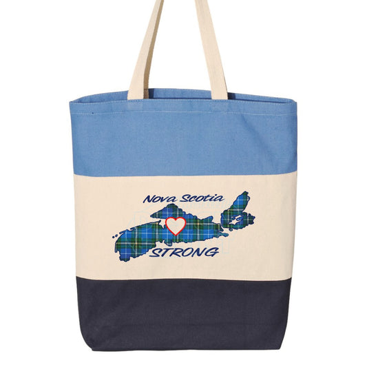 15x16" tri-color canvas tote bag with The province of Nova Scotia in Blue Tartan with Nova Scotia Strong in white & navy