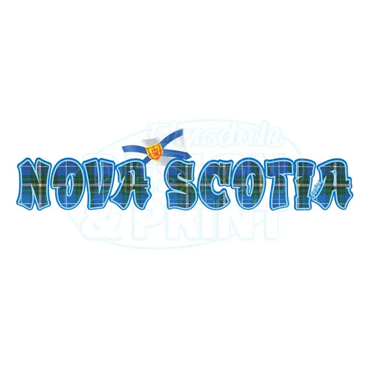 Premium outdoor laminated decal with Nova Scotia written in Blue Tartan with blue outlines & a Nova Scotia provincial flag