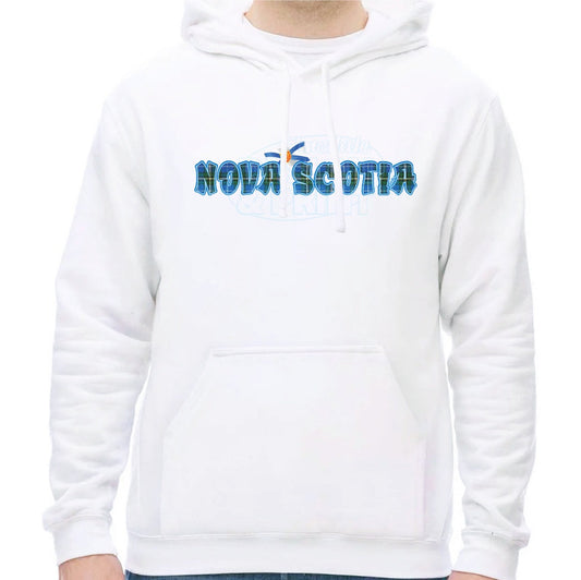 Super soft 12.5oz white hoodie with Nova Scotia written in Blue Tartan with blue outlines & a Nova Scotia provincial flag