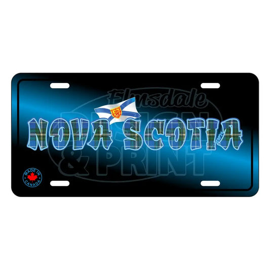 6x12" Aluminum License Plate Black with Nova Scotia written in Blue Tartan with blue outlines & a Nova Scotia provincial flag