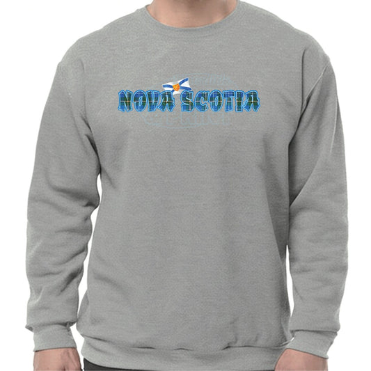 Super soft 12.5oz grey sweatshirt with Nova Scotia written in Blue Tartan with blue outlines & a Nova Scotia provincial flag