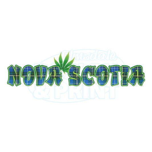 Premium outdoor laminated decal with Nova Scotia made of Blue Tartan with a bright green weed leaf & bright green outlines