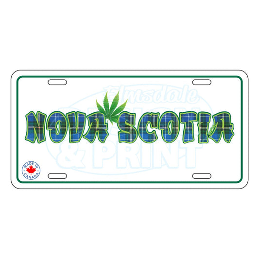 6x12" Aluminum License Plate White with Nova Scotia made of Blue Tartan with a bright green weed leaf & bright green outlines