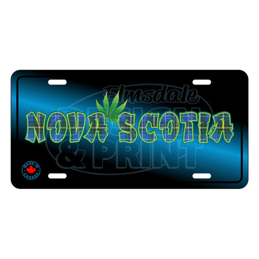 6x12" Aluminum License Plate Black with Nova Scotia made of Blue Tartan with a bright green weed leaf & bright green outlines