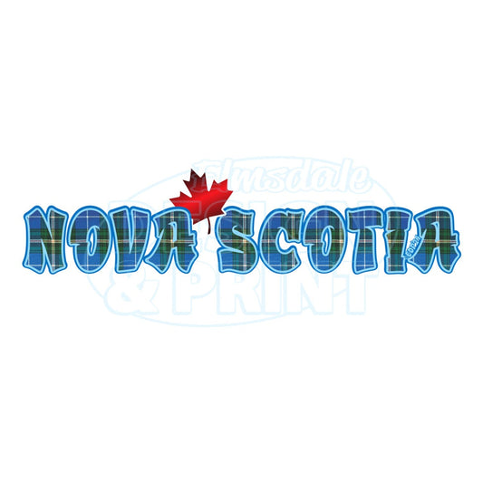 Premium outdoor laminated decal with Nova Scotia written in Blue Tartan with a bright red Maple Leaf & bright blue outlines
