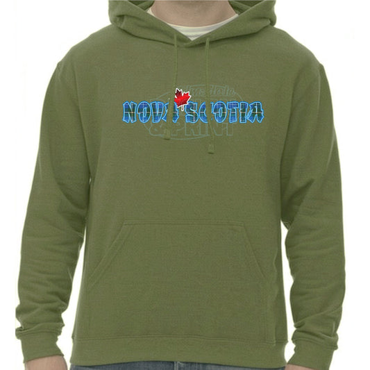 Super soft 12.5oz green hoodie with Nova Scotia written in Blue Tartan with a bright red Maple Leaf & bright blue outlines