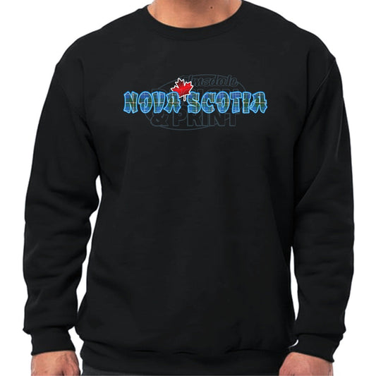 Super soft 12.5oz black sweatshirt with Nova Scotia written in Blue Tartan with a bright red Maple Leaf & bright blue outlines