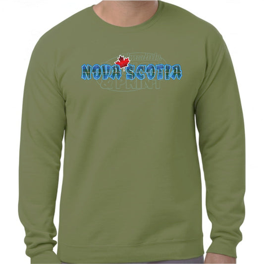 Super soft 12.5oz green sweatshirt with Nova Scotia written in Blue Tartan with a bright red Maple Leaf & bright blue outlines