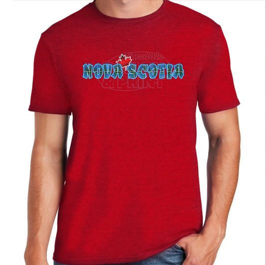 Soft ringspun cotton red t-shirt with Nova Scotia written in Blue Tartan with a bright red Maple Leaf & bright blue outlines